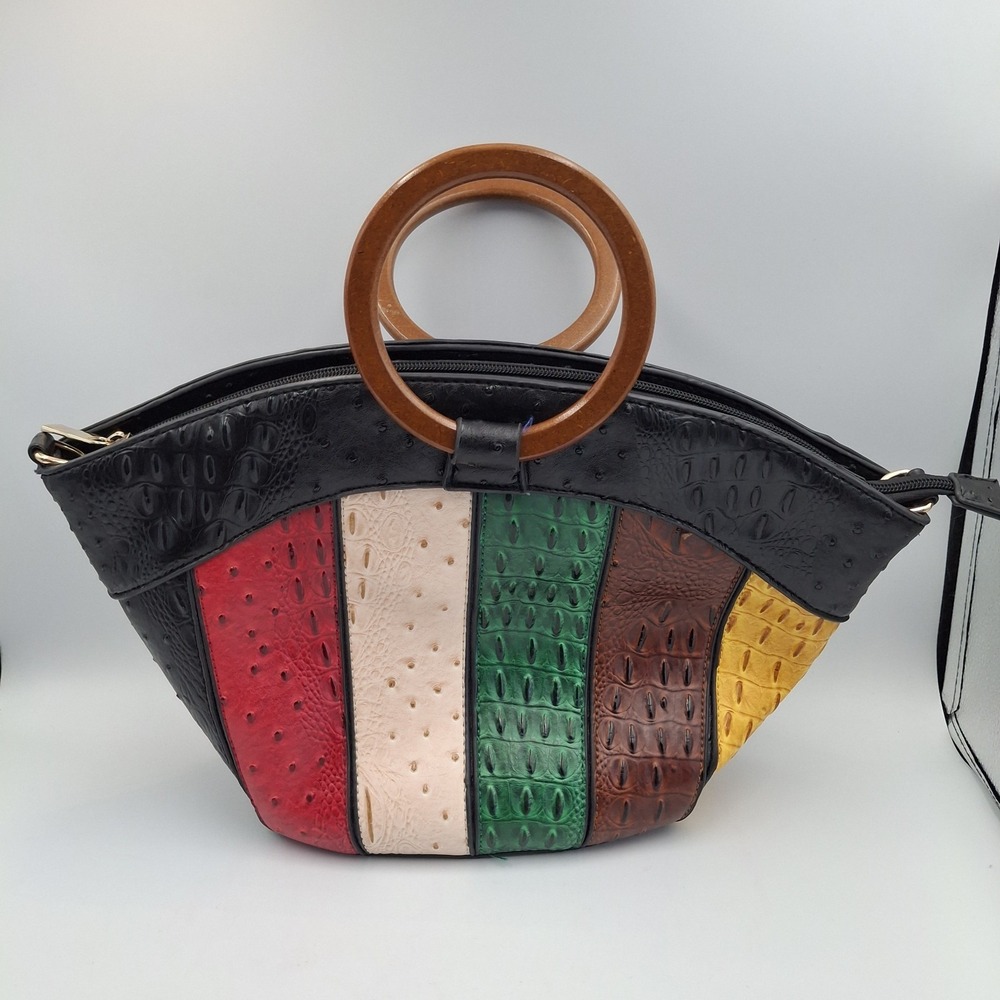 Colorblock Faux Ostrich & Alligator Embossed Handbag with Wooden Ring Handles